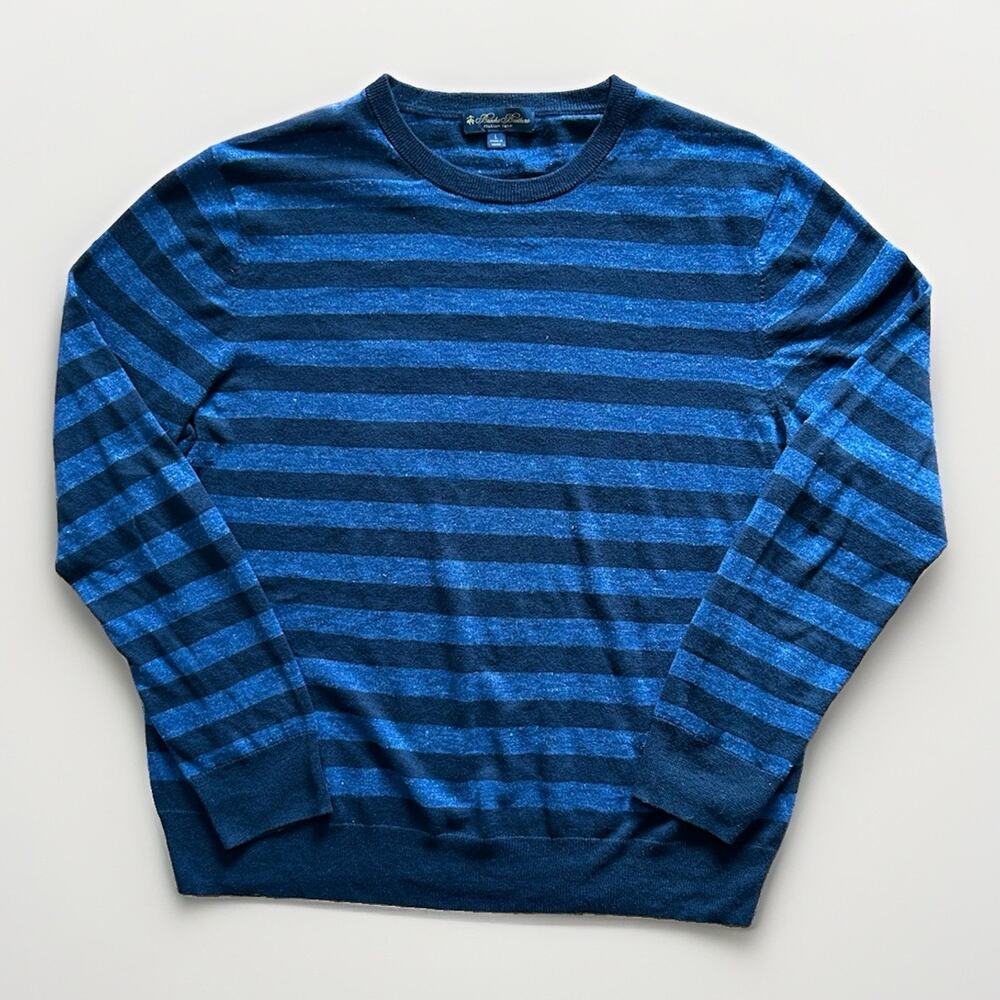 Brooks Brothers Linen Cotton Crewneck Sweater Men Large Italian Yarn Blue Stripe